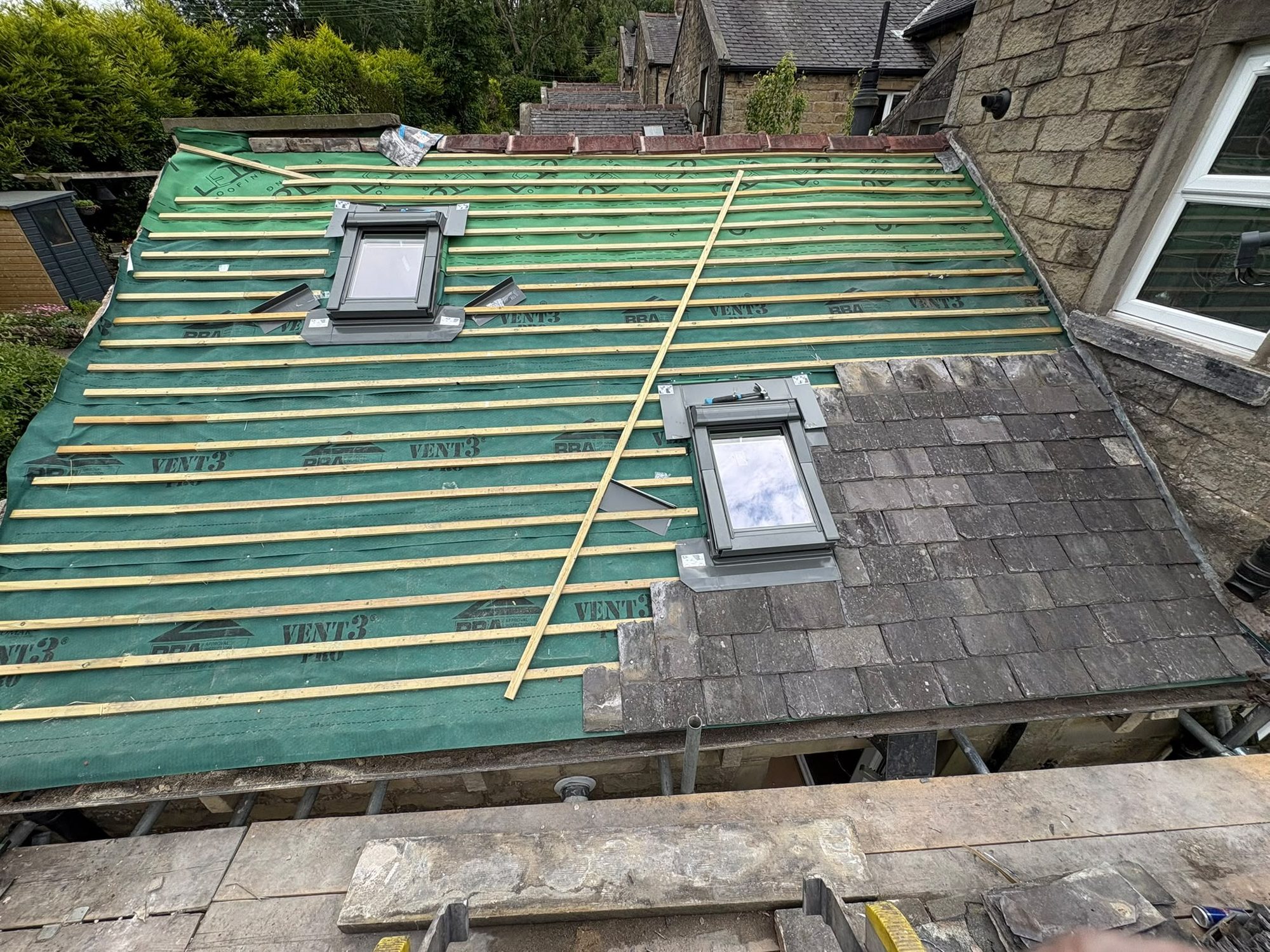 Roof stripped and re-covered with breathable membrane and new treated battens during a full re-roof in Lancashire